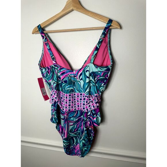 Lilly Pulitzer 14 Emori Seasalt Blue Don't Wanna Leaf One Piece Swimsuit $148 - Picture 7 of 11